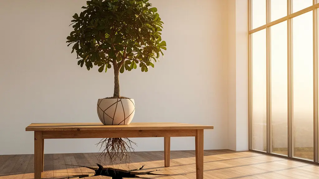 Un grand bonsaï en pot dont les racines puissantes traversent la table en bois sur laquelle il est posé, symbolisant la croissance organique qui s'ancre et prend de la valeur.