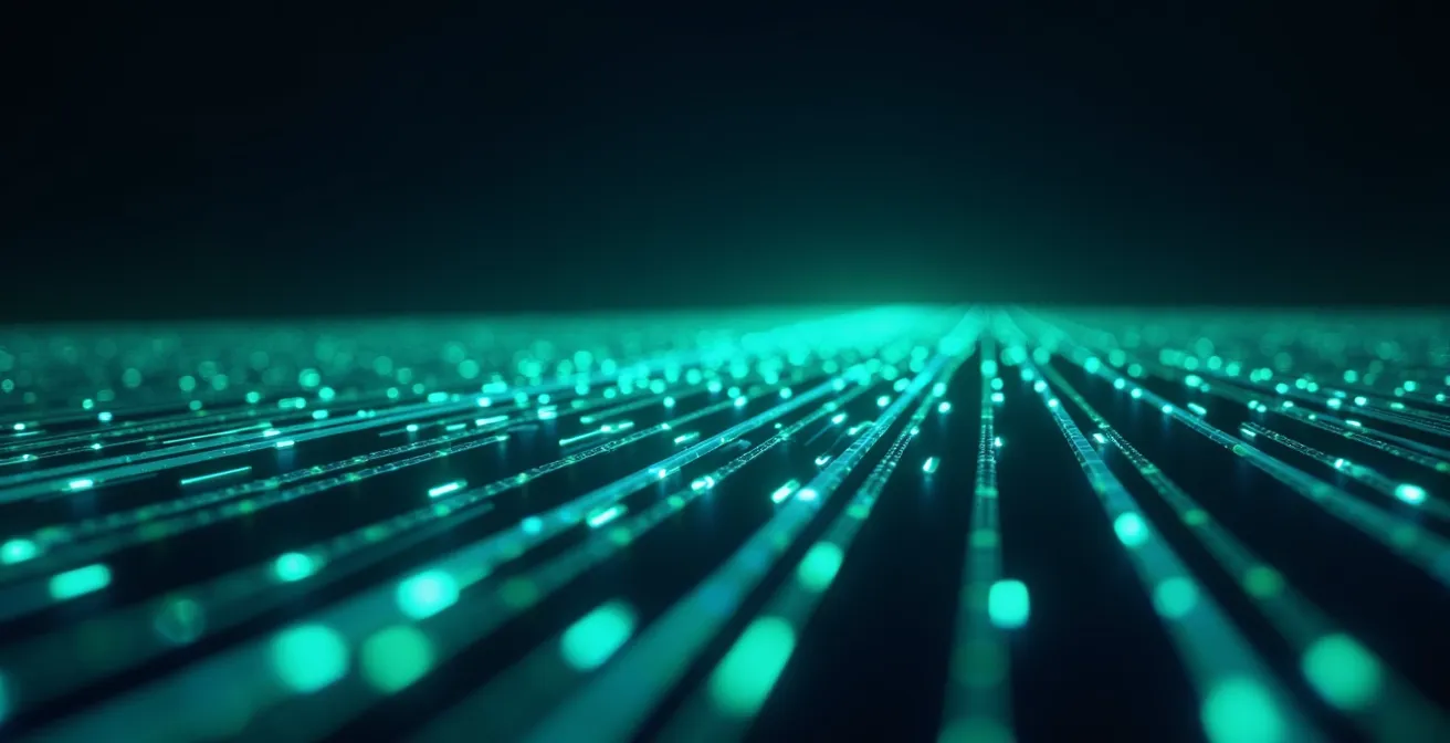 Représentation technique abstraite du processus de rendu JavaScript avec des circuits lumineux et des flux de données