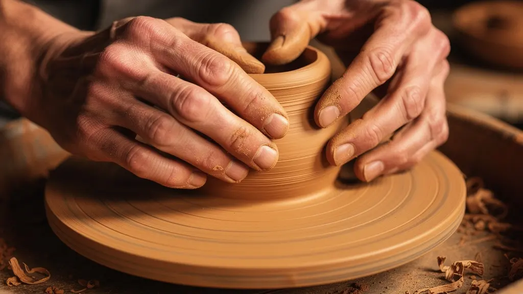 Gros plan sur des mains artisanales faconnant une piece unique en argile, symbolisant la creation d'une voix de marque authentique