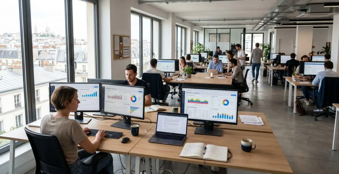 Bureau d'agence marketing moderne à Paris avec plusieurs écrans affichant des tableaux de bord analytiques et graphiques de trafic web sous lumière naturelle
