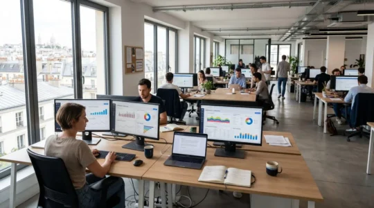 Bureau d'agence marketing moderne à Paris avec plusieurs écrans affichant des tableaux de bord analytiques et graphiques de trafic web sous lumière naturelle