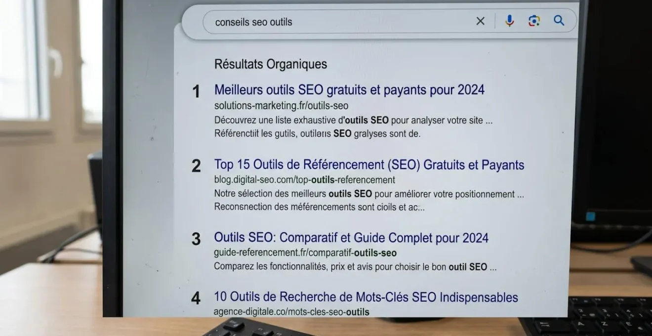 Gros plan sur un écran d'ordinateur affichant une page de résultats de recherche avec classements organiques, textes en français, éclairage naturel de bureau