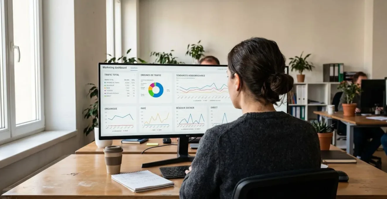 Professionnel vu de dos consultant un grand écran affichant un tableau de bord marketing avec plusieurs sources de trafic (organique, payant, social), bureau contemporain avec lumière naturelle