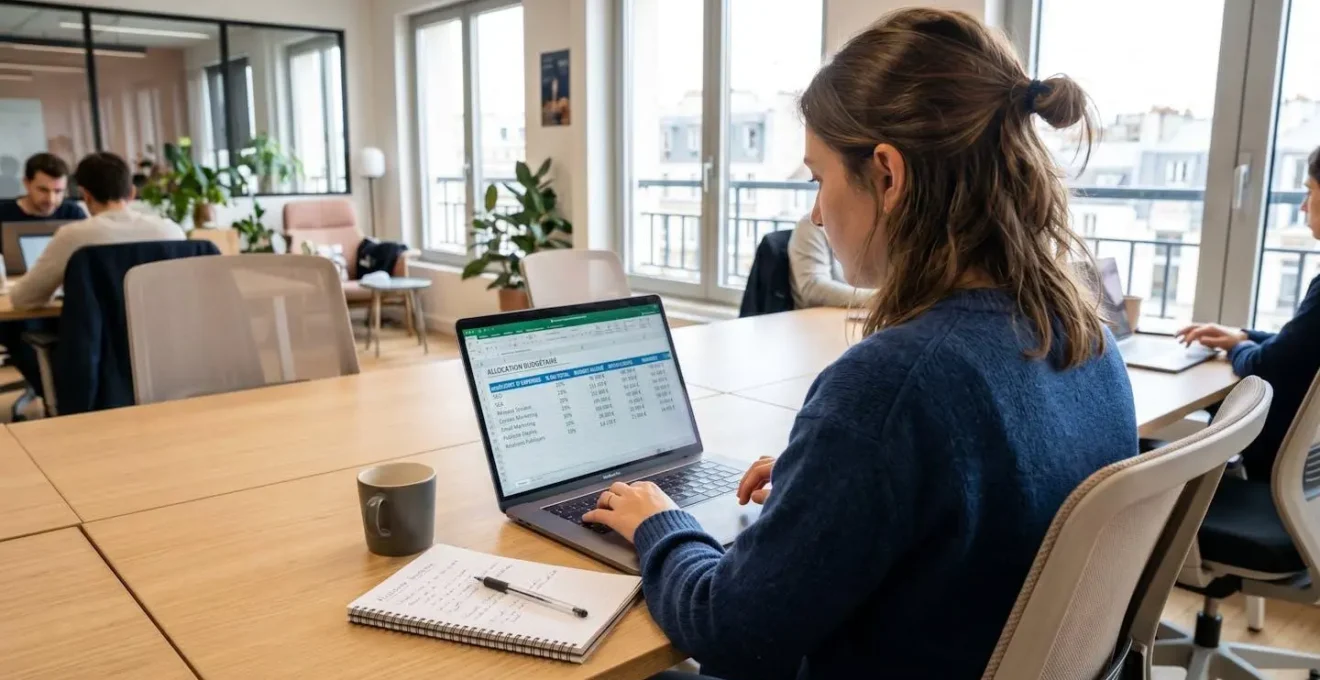 Professionnel de profil travaillant sur un ordinateur portable affichant un tableur d'allocation budgétaire marketing avec catégories de dépenses par canal, espace de travail contemporain avec lumière naturelle