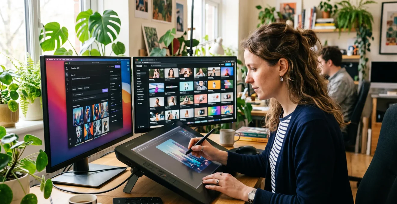 Designer travaillant sur tablette graphique avec plusieurs variantes de miniatures vidéo générées par intelligence artificielle affichées à l'écran
