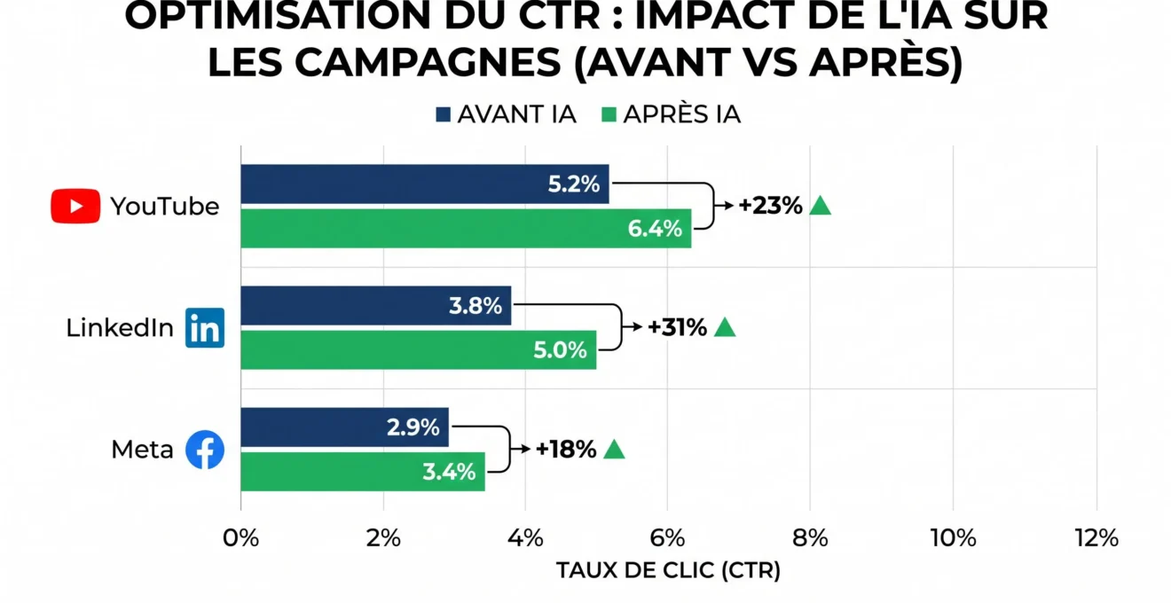 Graphique comparatif montrant l'évolution du taux de clic de campagnes vidéo avant et après intégration de miniatures générées par IA sur YouTube, LinkedIn et Meta