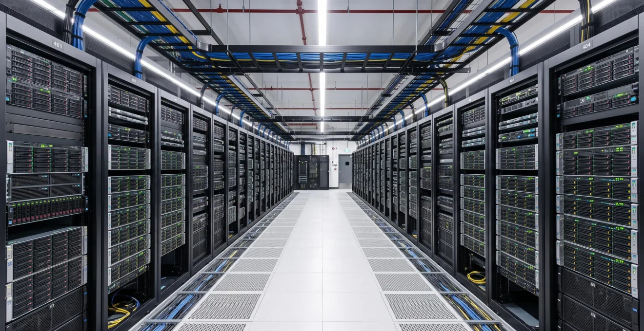 Vue architecturale d'une allée de datacenter avec des rangées de serveurs en rack en fonctionnement des deux côtés