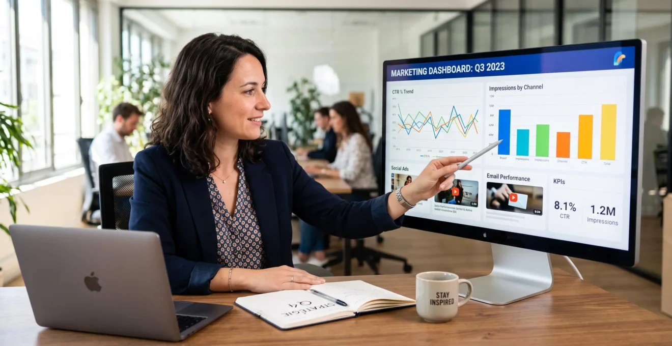 Responsable marketing digital analysant les performances de miniatures vidéo sur un tableau de bord de campagne publicitaire affichant métriques CTR et impressions