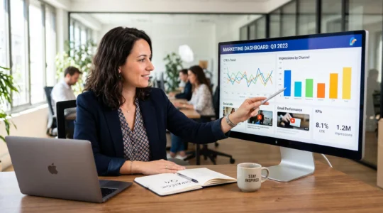 Responsable marketing digital analysant les performances de miniatures vidéo sur un tableau de bord de campagne publicitaire affichant métriques CTR et impressions