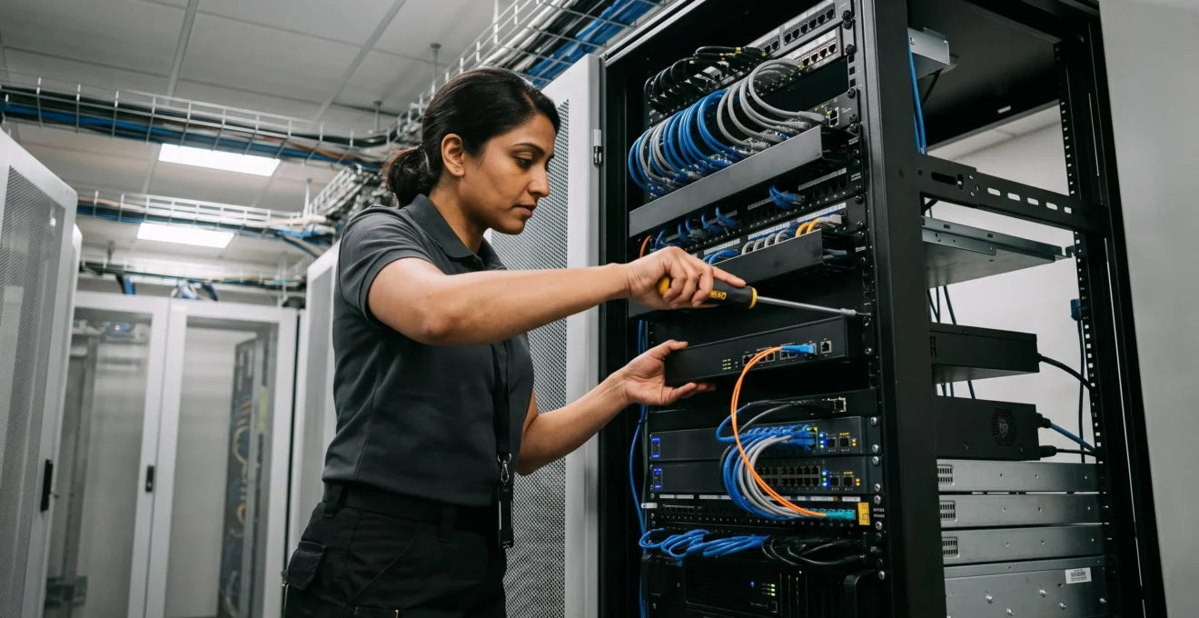 Technicien réseau installant des équipements de sécurité réseau dans un rack serveur avec des câbles réseau visibles