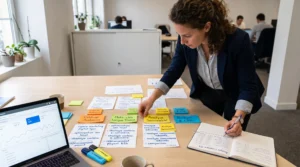 Vue en plongée d'un bureau de travail avec ordinateur portable, notes manuscrites de mots-clés et outils d'organisation colorés pendant une analyse de requêtes Google Ads