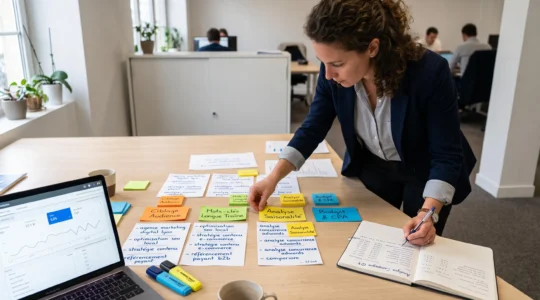 Vue en plongée d'un bureau de travail avec ordinateur portable, notes manuscrites de mots-clés et outils d'organisation colorés pendant une analyse de requêtes Google Ads