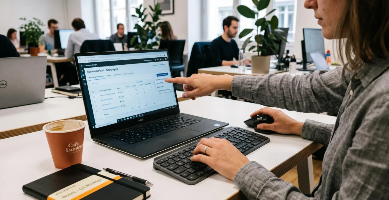 Gros plan sur les mains d'un professionnel du marketing digital naviguant dans une interface de gestion de campagnes publicitaires sur ordinateur portable