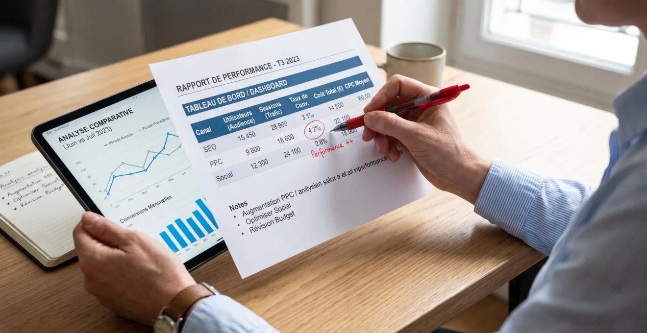 Mains d'un professionnel du marketing analysant un rapport de performance imprimé et des graphiques comparatifs sur tablette montrant des métriques de trafic et conversion