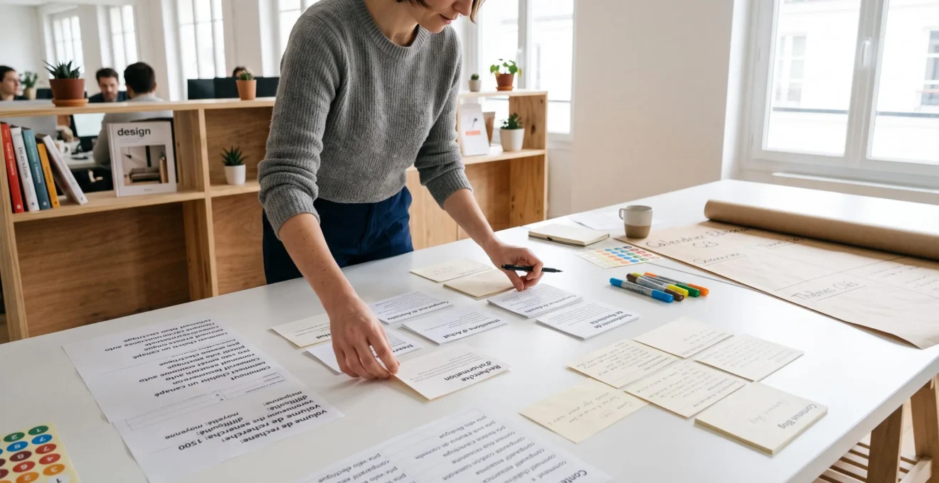 Table de travail avec fiches cartonnées et listes de mots-clés organisées en groupes thématiques, mains d'un professionnel en train de catégoriser le contenu